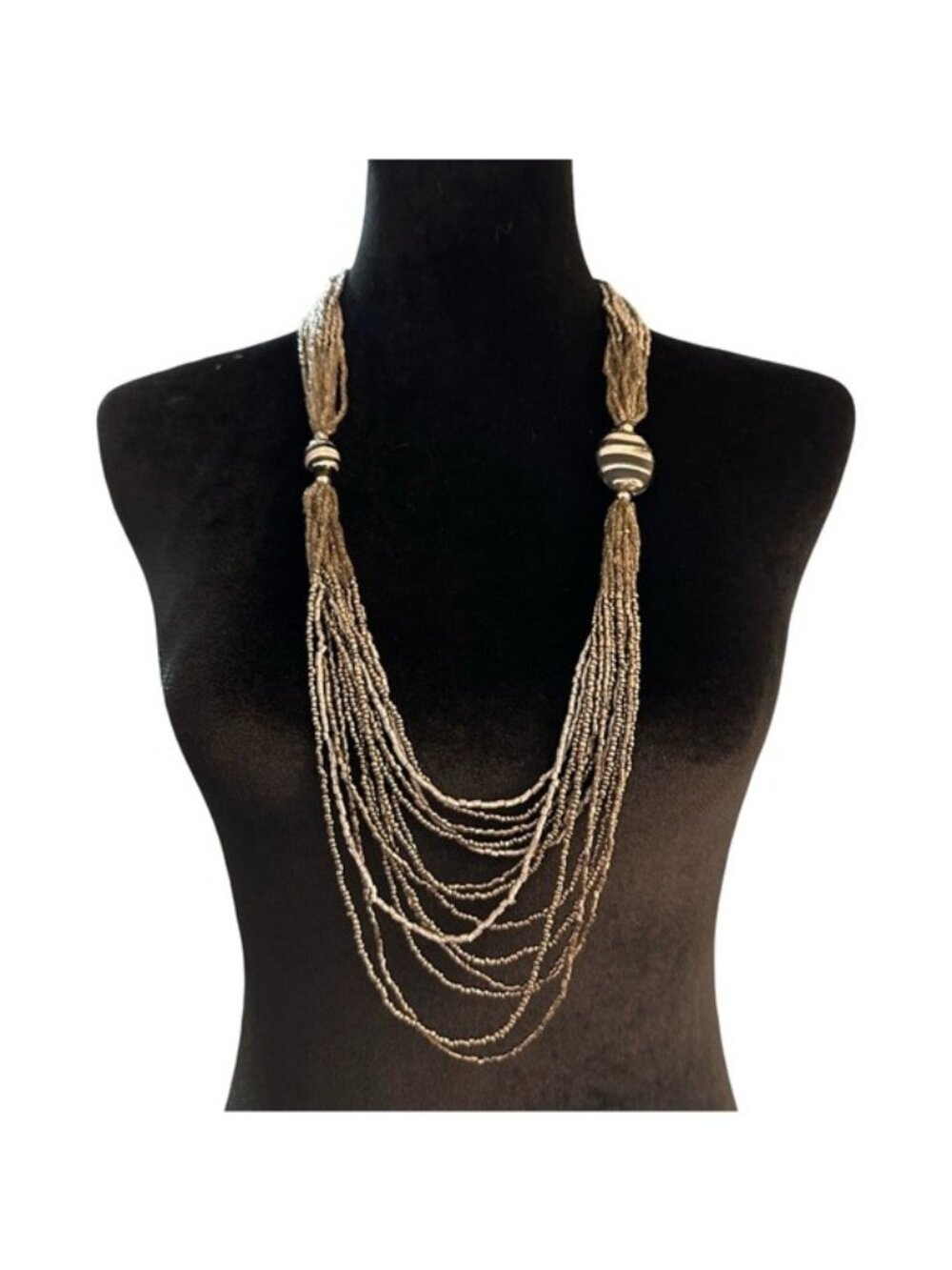 Layered Beaded Statement Necklace Waterfall Design Gray Silver Multi Strand